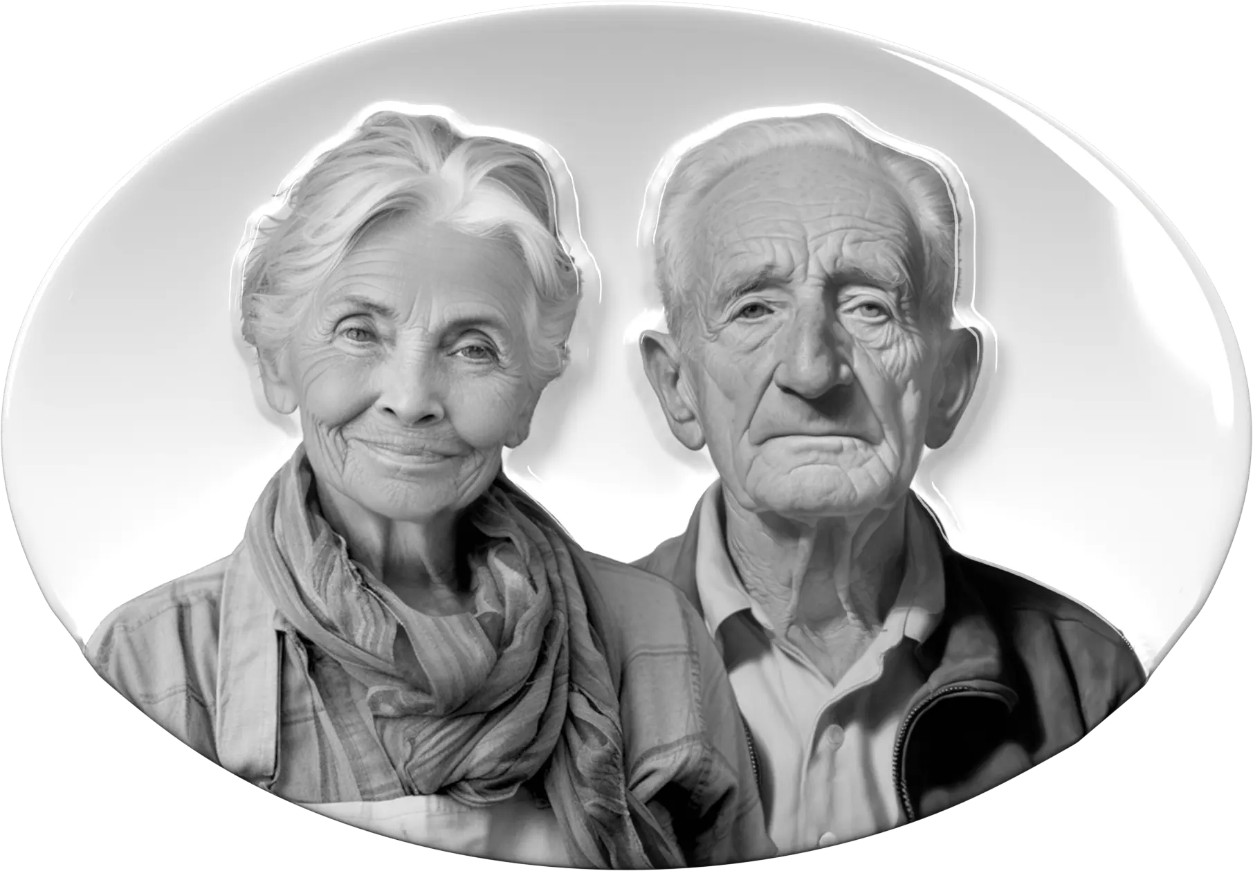Fotografía de una pareja en una pieza de porcelana 3D de forma ovalada