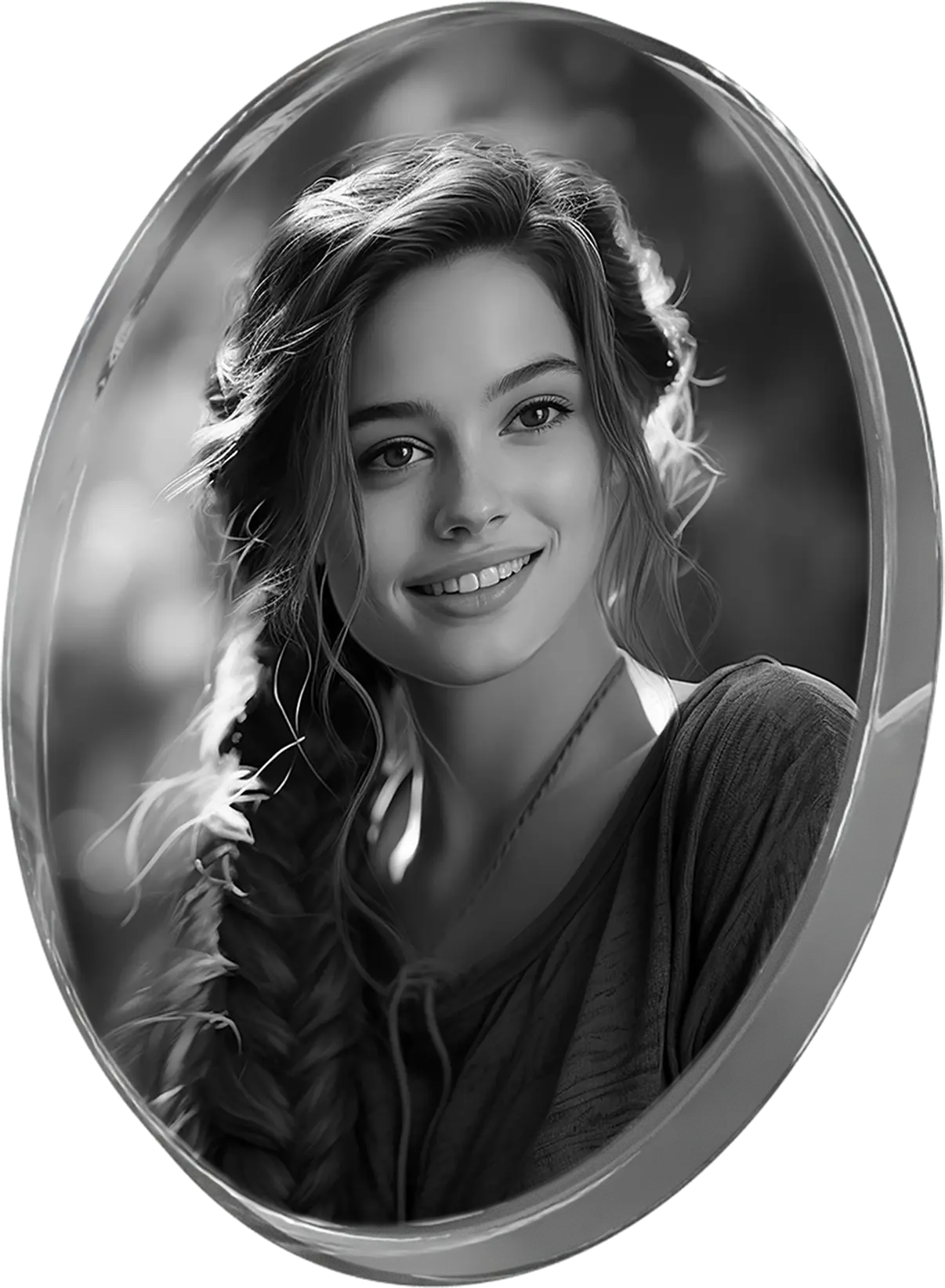 Fotografía en blanco y negro sobre un cristal ovalado