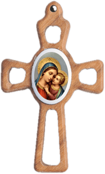 Colgante de madera con forma de cruz y una fotografía sobre porcelana
