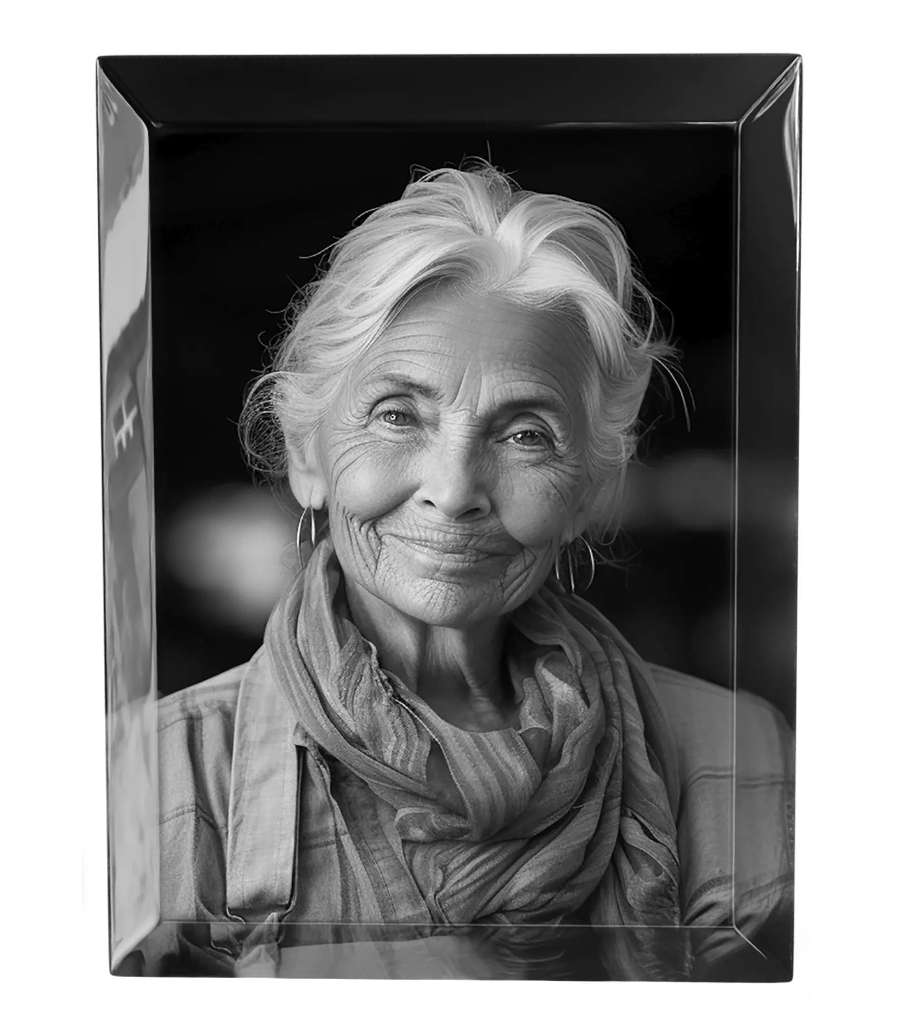 Fotografía en blanco y negro sobre cristal rectangular biselado